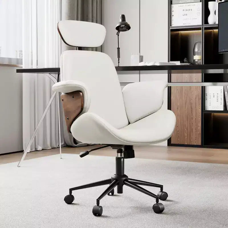 Bürostuhl mit Rollen, Chefsessel aus PU-Leder, Armlehnen aus gebogenem Holz, höhenverstellbar