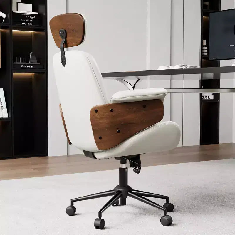 Bürostuhl mit Rollen, Chefsessel aus PU-Leder, Armlehnen aus gebogenem Holz, höhenverstellbar
