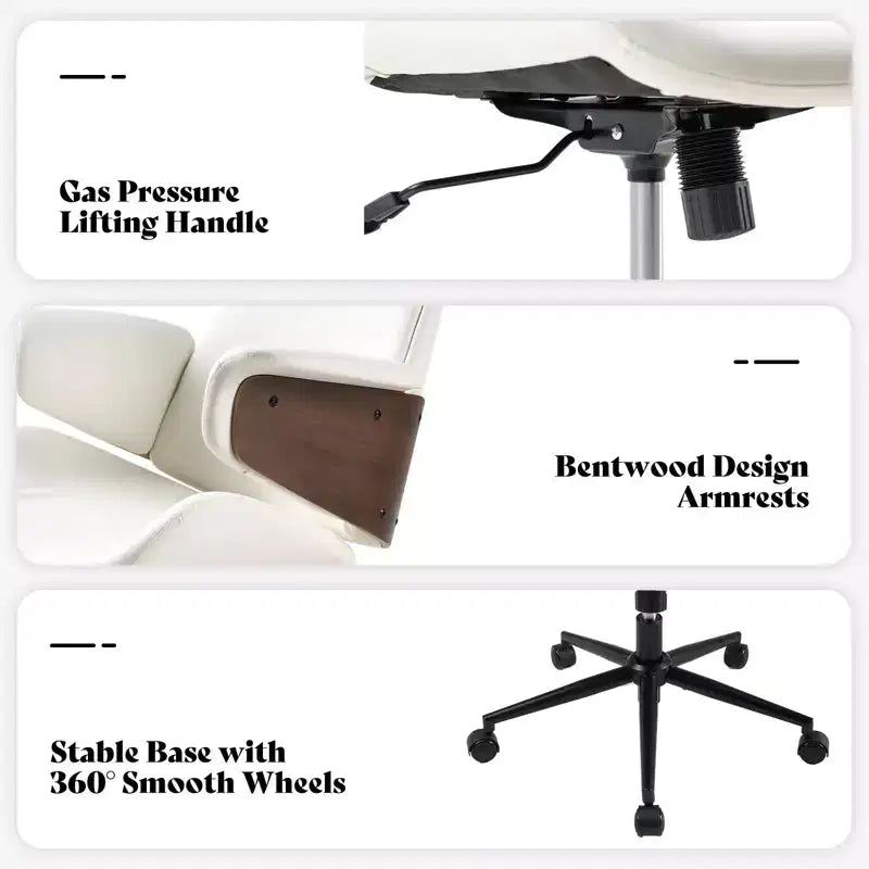 Bürostuhl mit Rollen, Chefsessel aus PU-Leder, Armlehnen aus gebogenem Holz, höhenverstellbar