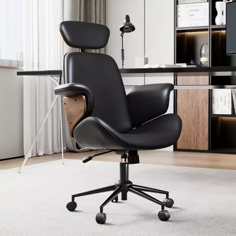 Bürostuhl mit Rollen, Chefsessel aus PU-Leder, Armlehnen aus gebogenem Holz, höhenverstellbar