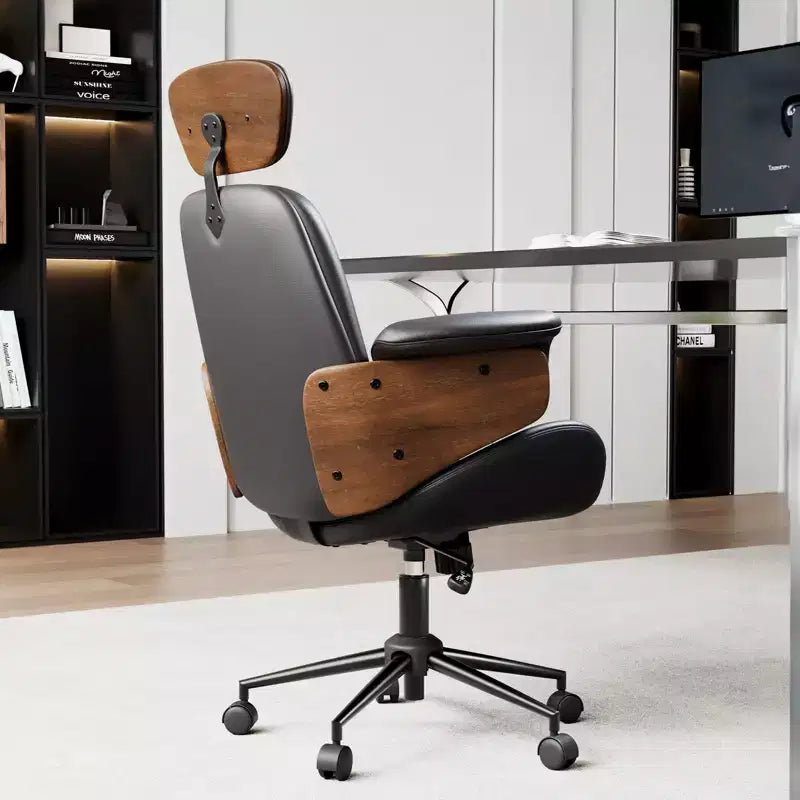 Bürostuhl mit Rollen, Chefsessel aus PU-Leder, Armlehnen aus gebogenem Holz, höhenverstellbar