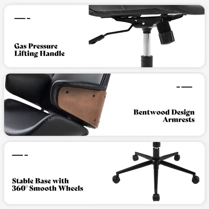 Bürostuhl mit Rollen, Chefsessel aus PU-Leder, Armlehnen aus gebogenem Holz, höhenverstellbar