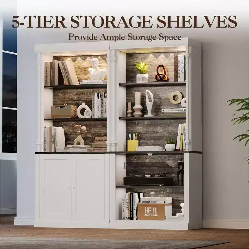 Doppeltür-Bücherregal MDF Eisen Römische Säulen - Dreifarbiger Lagerschrank Weiß Dunkelgrau, Vintage-Heimdeko
