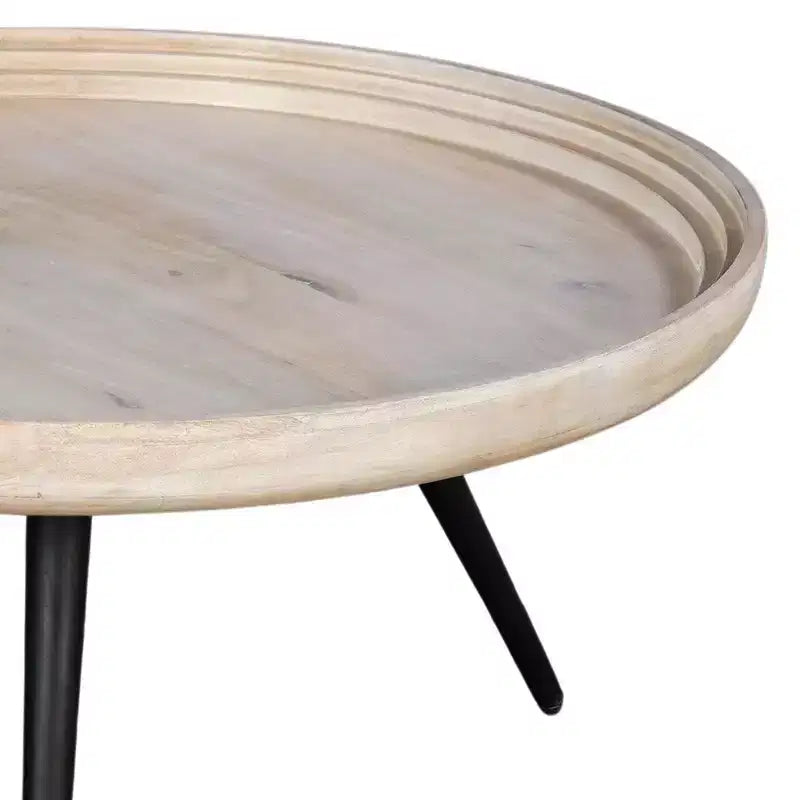 Couchtisch mit rundem Tablett, handgefertigt, gewaschenes weißes Mangoholz, 76 cm