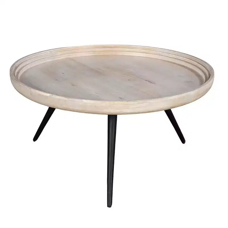 Couchtisch mit rundem Tablett, handgefertigt, gewaschenes weißes Mangoholz, 76 cm
