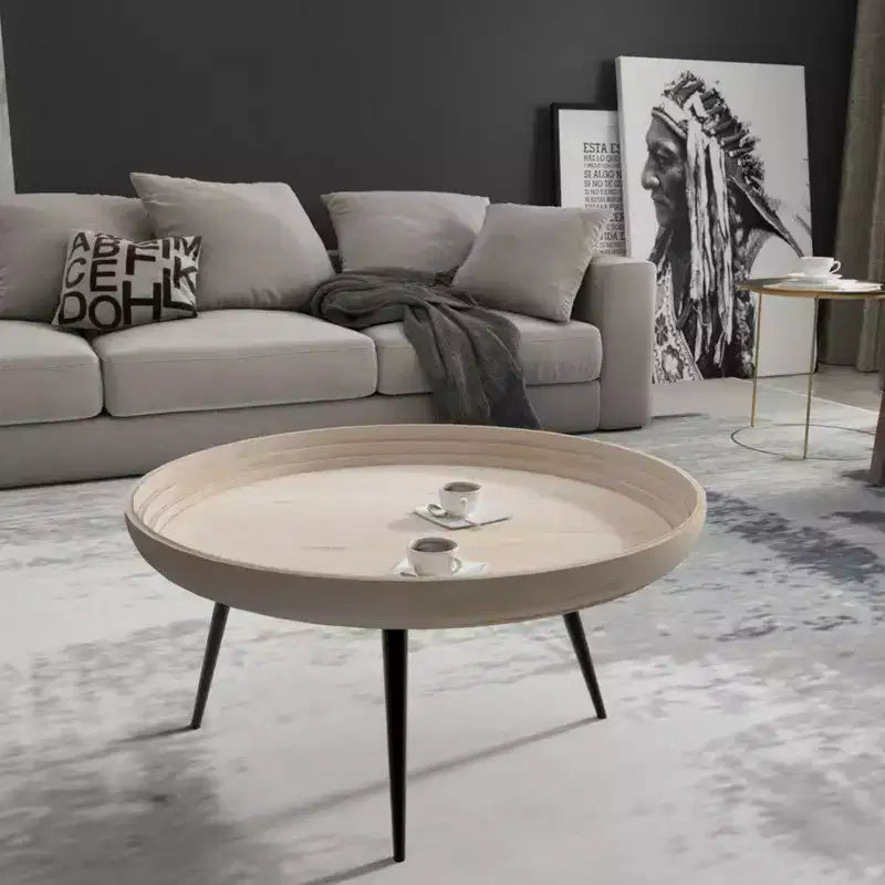 Couchtisch mit rundem Tablett, handgefertigt, gewaschenes weißes Mangoholz, 76 cm