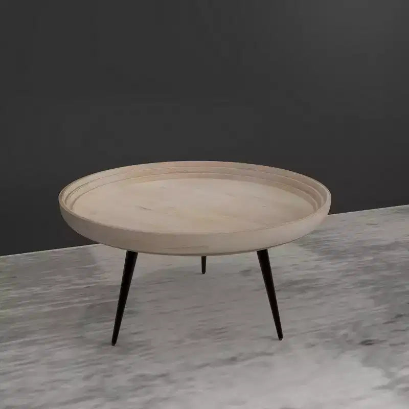 Couchtisch mit rundem Tablett, handgefertigt, gewaschenes weißes Mangoholz, 76 cm
