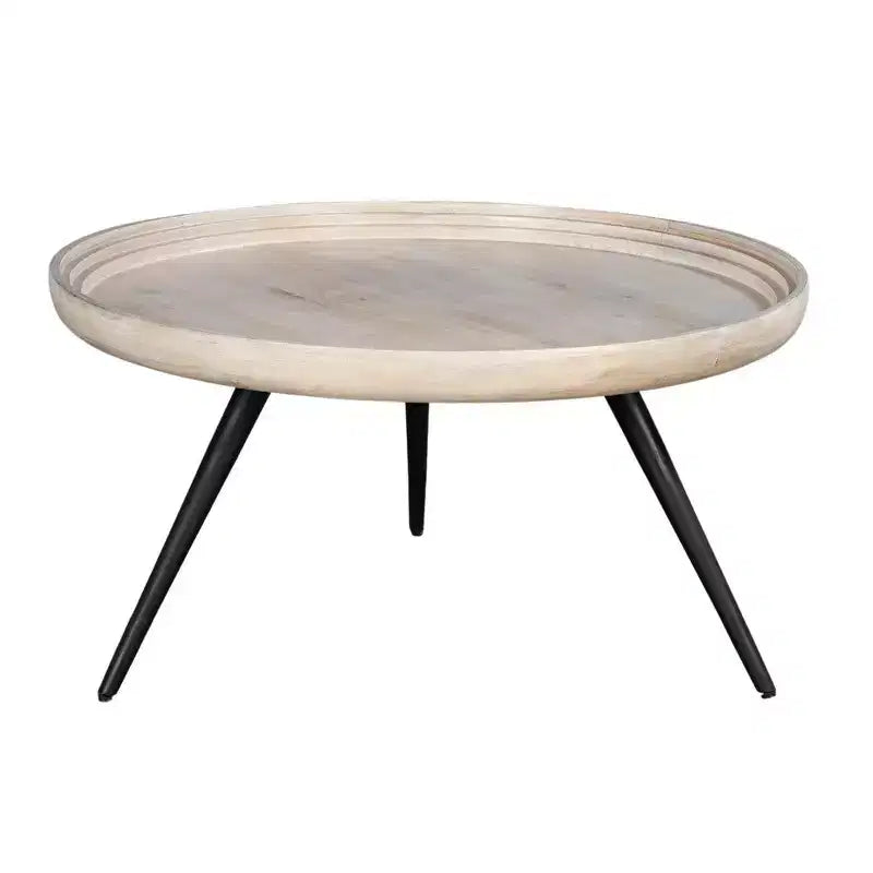 Couchtisch mit rundem Tablett, handgefertigt, gewaschenes weißes Mangoholz, 76 cm