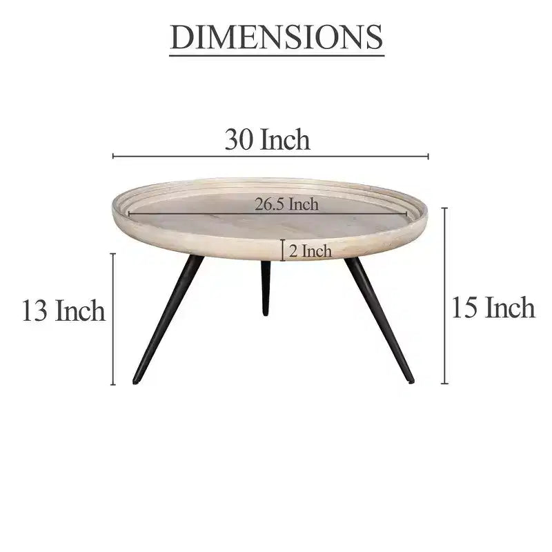 Couchtisch mit rundem Tablett, handgefertigt, gewaschenes weißes Mangoholz, 76 cm