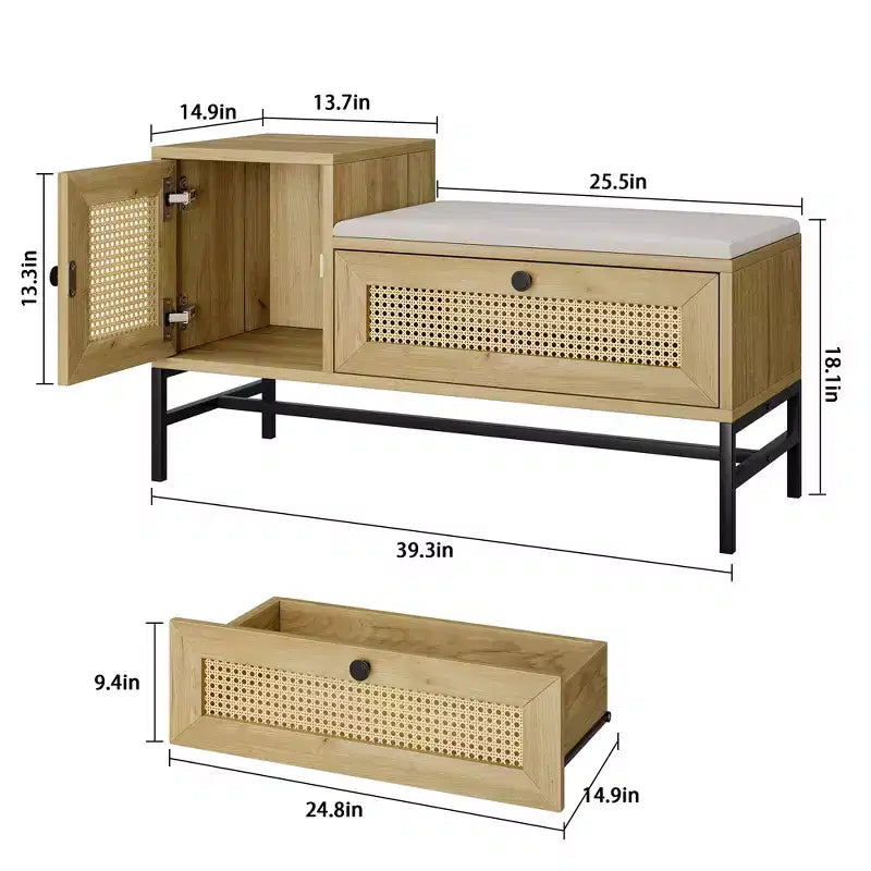 Rattan Schuhbank mit Schublade, hölzerne Eingangsbereich-Aufbewahrungsbank mit weichem Sitzkissen und verstellbarem Regal, dreilagiges Schuhregal, Aufbewahrungsregal für den Flur