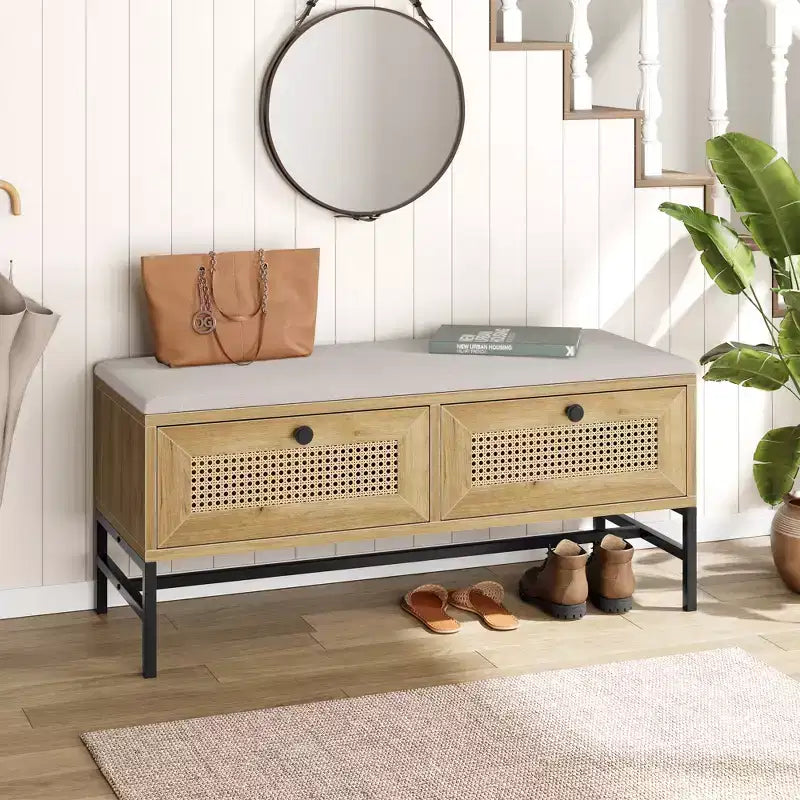 Rattan Schuhbank mit Schublade, hölzerne Eingangsbereich-Aufbewahrungsbank mit weichem Sitzkissen und verstellbarem Regal, dreilagiges Schuhregal, Aufbewahrungsregal für den Flur