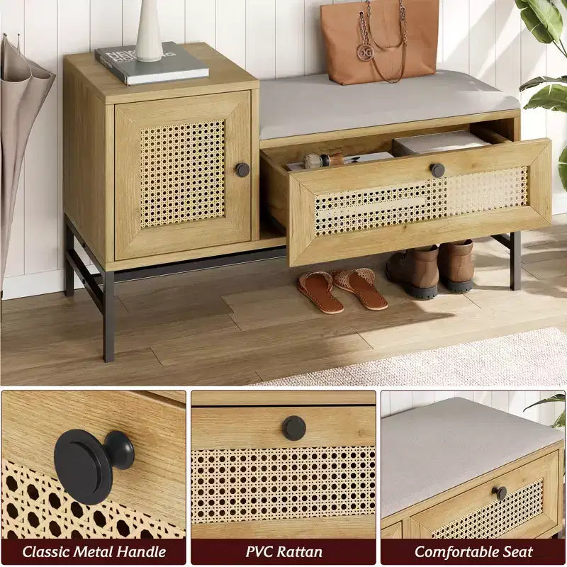 Rattan Schuhbank mit Schublade, hölzerne Eingangsbereich-Aufbewahrungsbank mit weichem Sitzkissen und verstellbarem Regal, dreilagiges Schuhregal, Aufbewahrungsregal für den Flur
