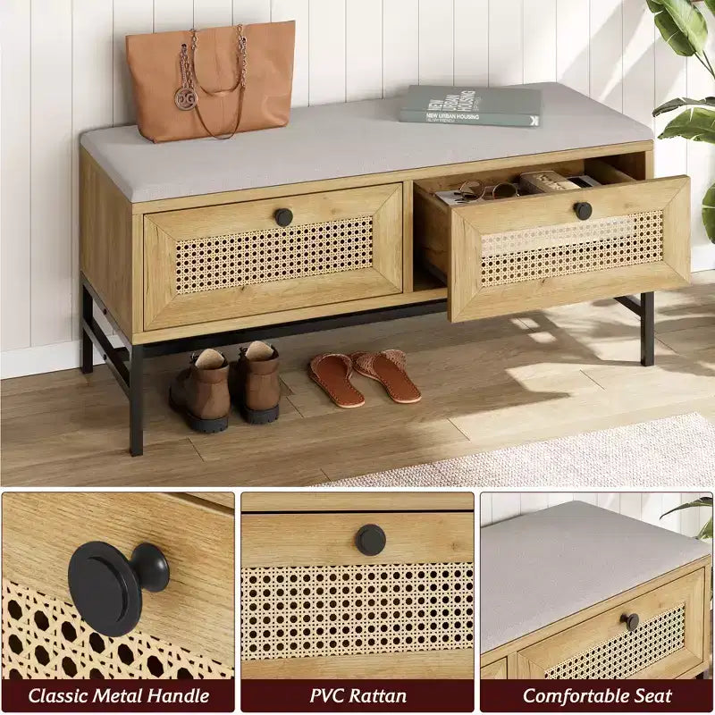 Rattan Schuhbank mit Schublade, hölzerne Eingangsbereich-Aufbewahrungsbank mit weichem Sitzkissen und verstellbarem Regal, dreilagiges Schuhregal, Aufbewahrungsregal für den Flur
