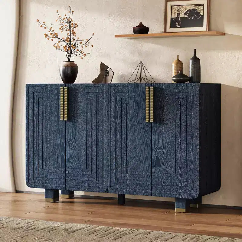 4-türiger Vintage Aufbewahrungsschrank Retro Sideboard Holz Buffet Schrank Akzent Sideboard mit verstellbaren Einlegeböden, Antik Marineblau/Schwarz