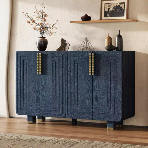 4-türiger Vintage Aufbewahrungsschrank Retro Sideboard Holz Buffet Schrank Akzent Sideboard mit verstellbaren Einlegeböden, Antik Marineblau/Schwarz