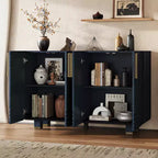 4-türiger Vintage Aufbewahrungsschrank Retro Sideboard Holz Buffet Schrank Akzent Sideboard mit verstellbaren Einlegeböden, Antik Marineblau/Schwarz
