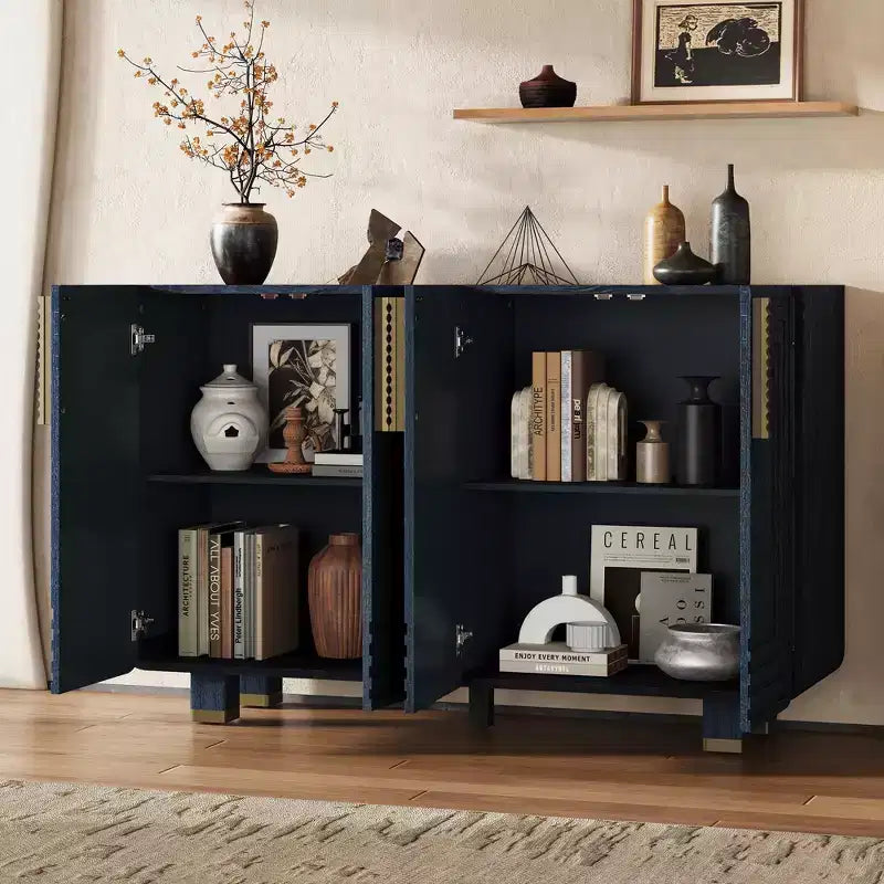 4-türiger Vintage Aufbewahrungsschrank Retro Sideboard Holz Buffet Schrank Akzent Sideboard mit verstellbaren Einlegeböden, Antik Marineblau/Schwarz