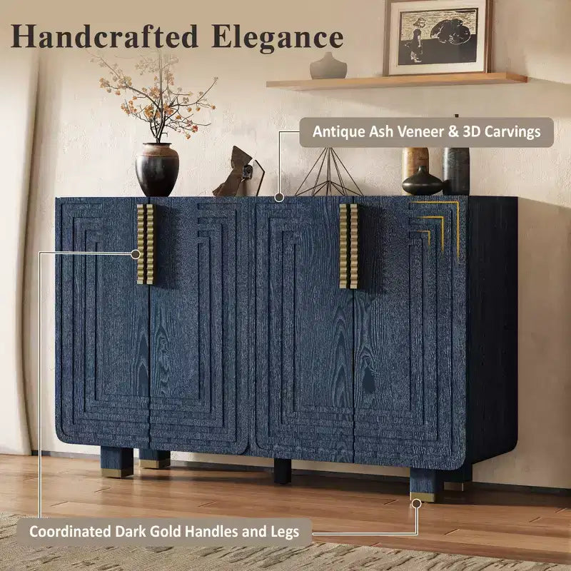4-türiger Vintage Aufbewahrungsschrank Retro Sideboard Holz Buffet Schrank Akzent Sideboard mit verstellbaren Einlegeböden, Antik Marineblau/Schwarz