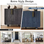 4-türiger Vintage Aufbewahrungsschrank Retro Sideboard Holz Buffet Schrank Akzent Sideboard mit verstellbaren Einlegeböden, Antik Marineblau/Schwarz
