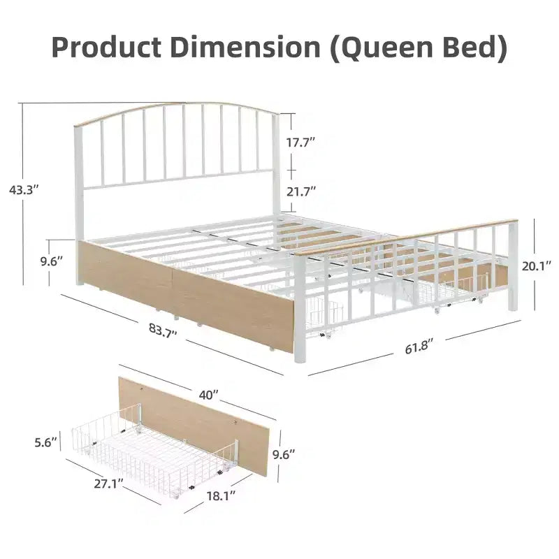 Dreieckige Plattenbett, Hochleistungs-Stahllamellenunterstützung, 4 Schubladen mit 170 Litern Stauraum, Kratzfestes und Geräuschloses Design