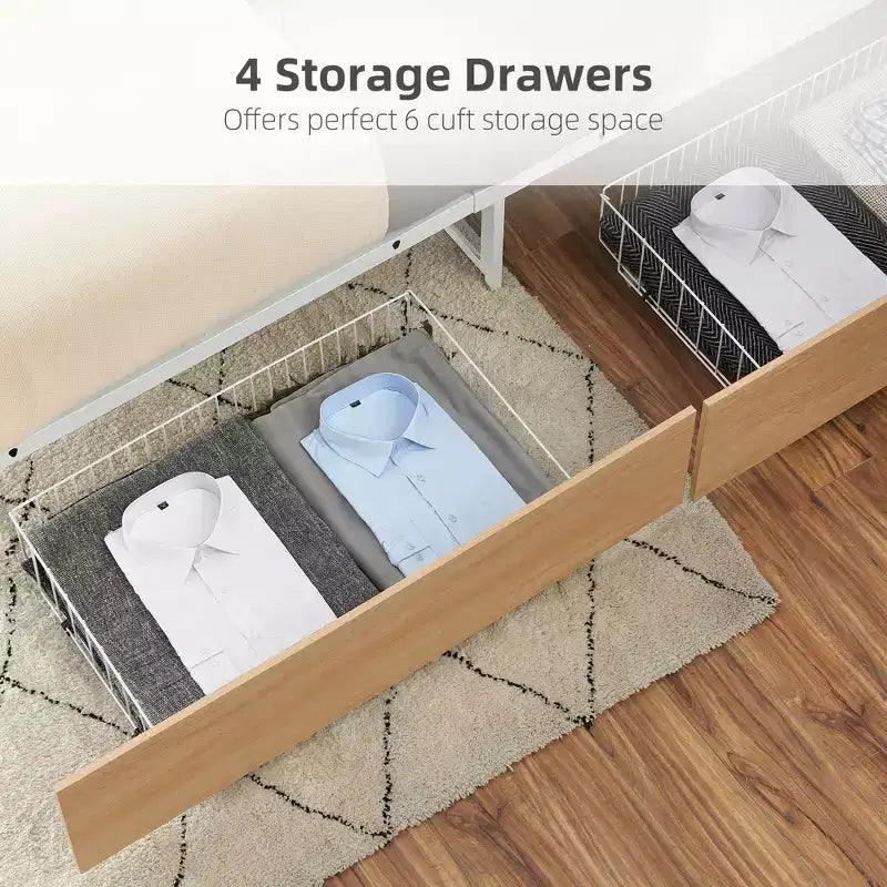 Dreieckige Plattenbett, Hochleistungs-Stahllamellenunterstützung, 4 Schubladen mit 170 Litern Stauraum, Kratzfestes und Geräuschloses Design