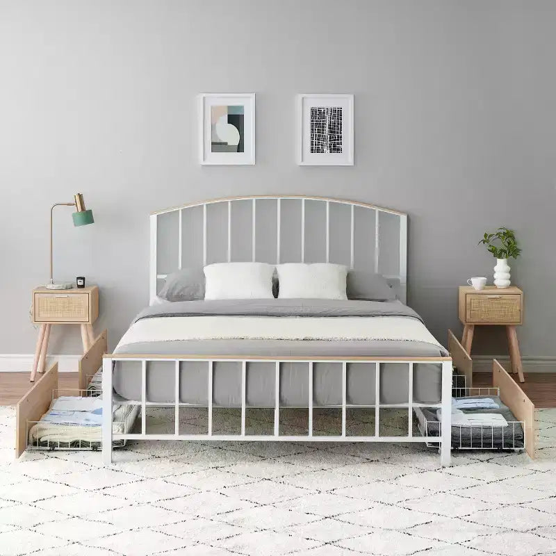Dreieckige Plattenbett, Hochleistungs-Stahllamellenunterstützung, 4 Schubladen mit 170 Litern Stauraum, Kratzfestes und Geräuschloses Design