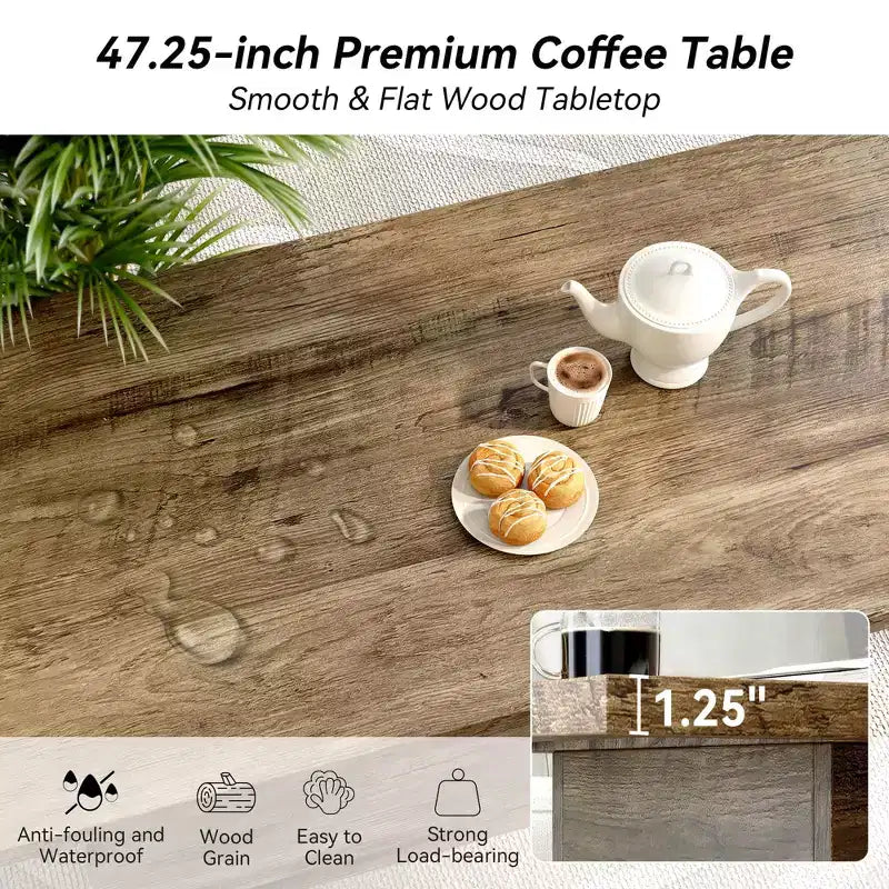 Rechteckiger Couchtisch, 47,25 Zoll Moderner Couchtisch aus Massivholz, Hölzerner Landhaus-Rustikaler Cocktailtisch