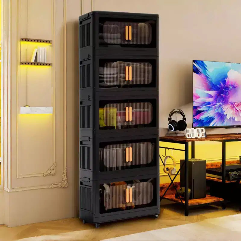 5-stöckige Kunststoff-Faltschränke mit Magnettüren und Rollen, Schrank-Organizer und Aufbewahrungsboxen Schwarz für kleine Räume