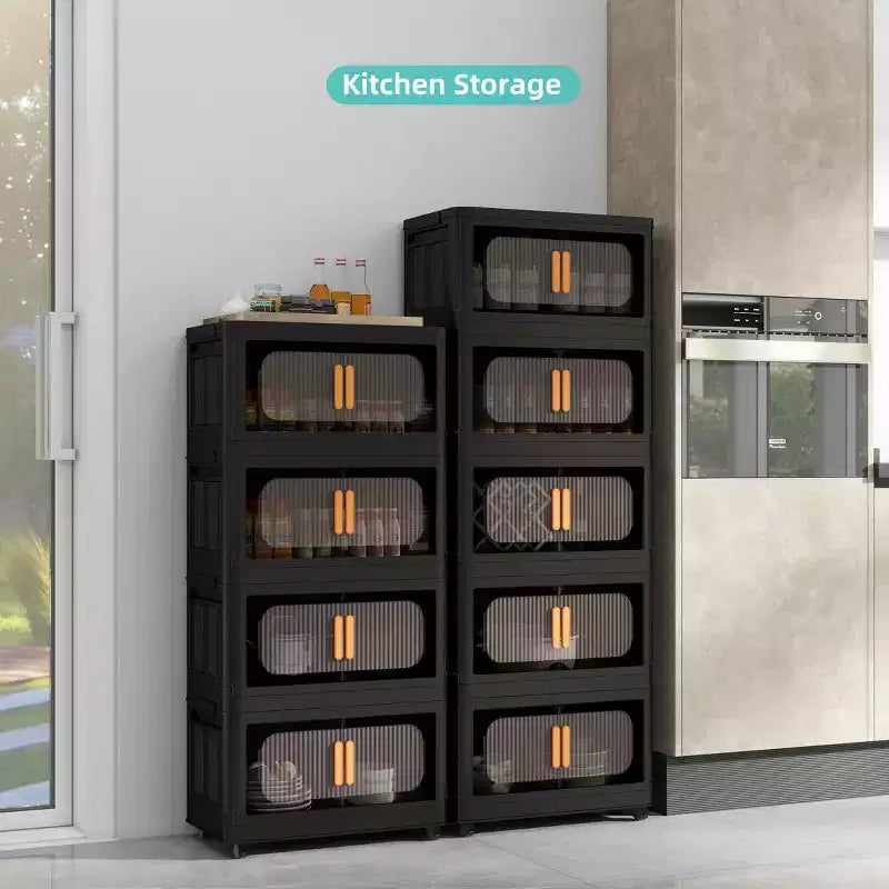 5-stöckige Kunststoff-Faltschränke mit Magnettüren und Rollen, Schrank-Organizer und Aufbewahrungsboxen Schwarz für kleine Räume