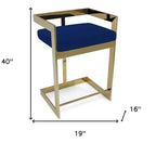30 blaue und goldene Barhocker aus Metall und Samt mit niedriger Rückenlehne