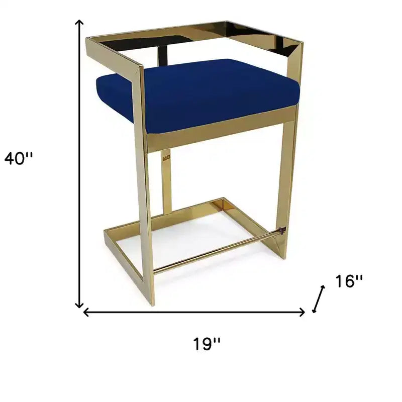 30 blaue und goldene Barhocker aus Metall und Samt mit niedriger Rückenlehne