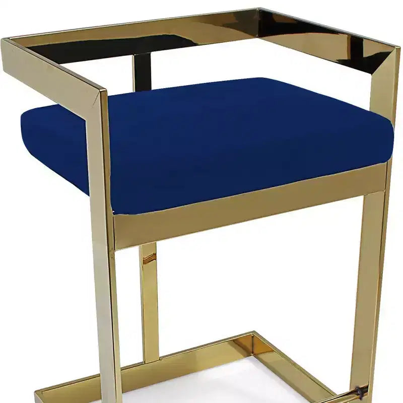 30 blaue und goldene Barhocker aus Metall und Samt mit niedriger Rückenlehne