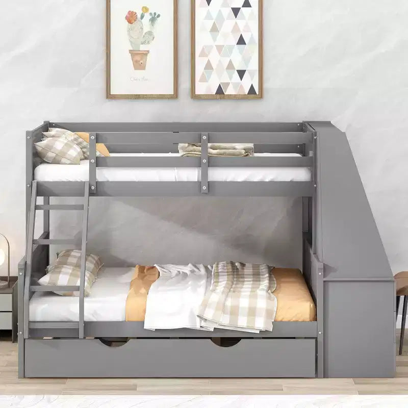 Doppelstockbett mit Ausziehbett und 3 Schubladen, multifunktional, Kiefernholz, mit integriertem Schreibtisch und Regal für Kinder und Jugendliche, einfacher Aufbau
