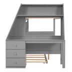 Doppelstockbett mit Ausziehbett und 3 Schubladen, multifunktional, Kiefernholz, mit integriertem Schreibtisch und Regal für Kinder und Jugendliche, einfacher Aufbau