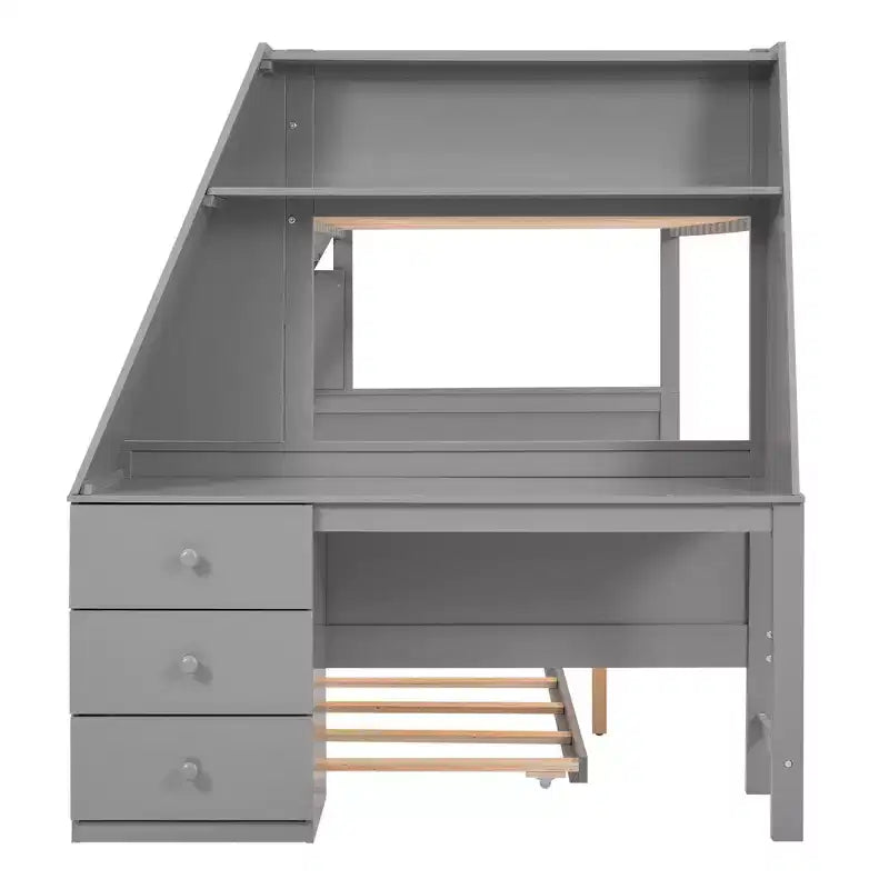 Doppelstockbett mit Ausziehbett und 3 Schubladen, multifunktional, Kiefernholz, mit integriertem Schreibtisch und Regal für Kinder und Jugendliche, einfacher Aufbau