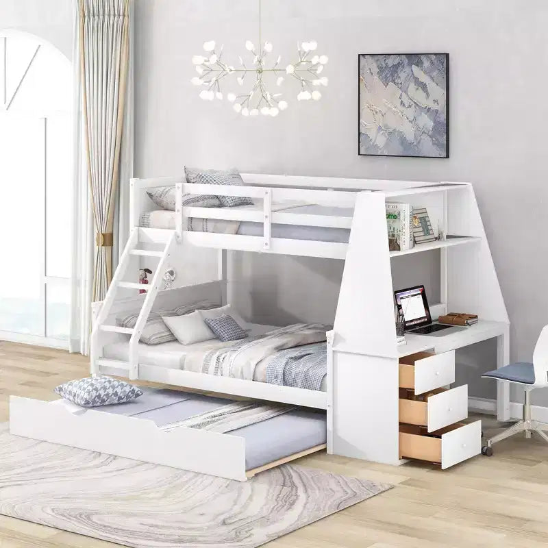 Doppelstockbett mit Ausziehbett und 3 Schubladen, multifunktional, Kiefernholz, mit integriertem Schreibtisch und Regal für Kinder und Jugendliche, einfacher Aufbau