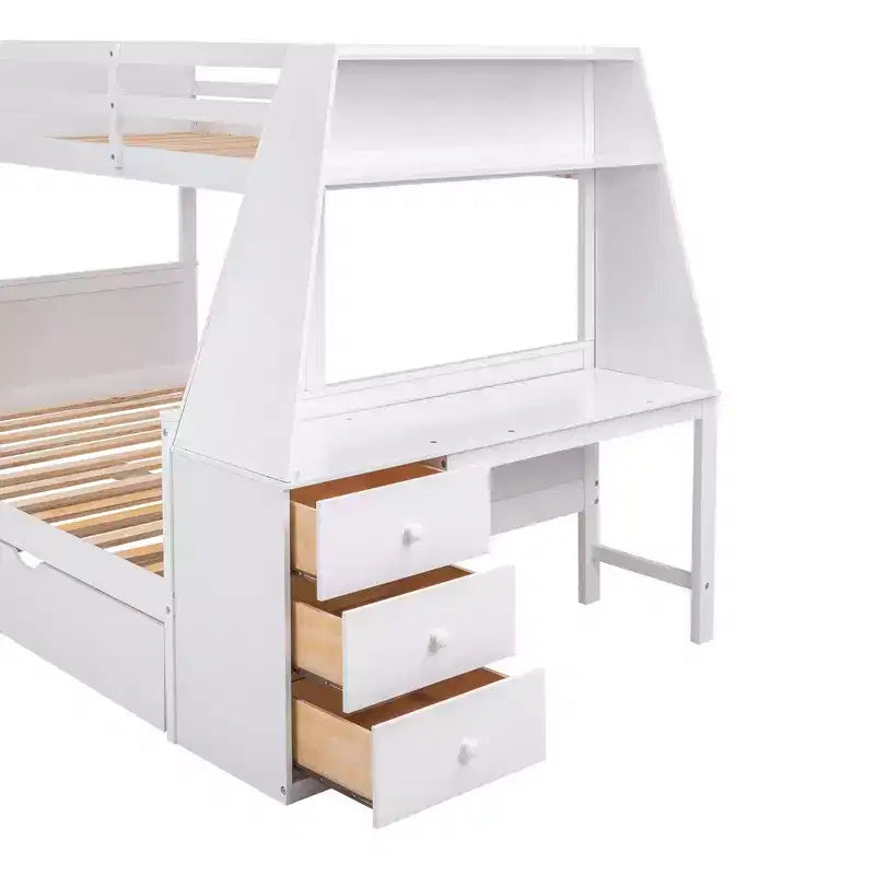 Doppelstockbett mit Ausziehbett und 3 Schubladen, multifunktional, Kiefernholz, mit integriertem Schreibtisch und Regal für Kinder und Jugendliche, einfacher Aufbau