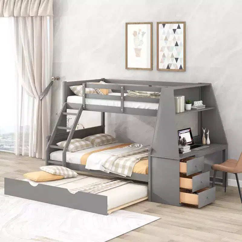 Doppelstockbett mit Ausziehbett und 3 Schubladen, multifunktional, Kiefernholz, mit integriertem Schreibtisch und Regal für Kinder und Jugendliche, einfacher Aufbau