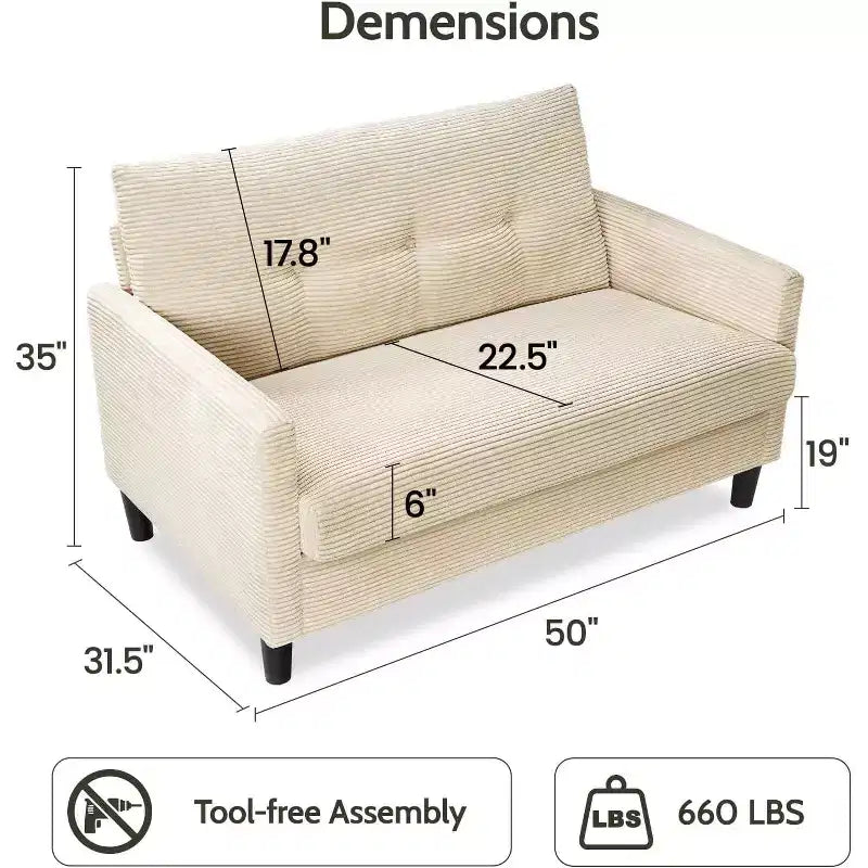 50'' Cord-Sofa, bequemes kleines Sofa für das Wohnzimmer mit tiefer Sitzfläche und Federpolstern, Massivholzrahmen, werkzeuglose Montage