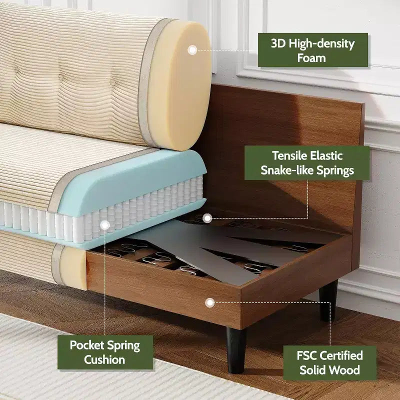 50'' Cord-Sofa, bequemes kleines Sofa für das Wohnzimmer mit tiefer Sitzfläche und Federpolstern, Massivholzrahmen, werkzeuglose Montage