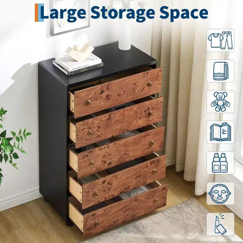 Kommode mit 5 Schubladen, 46 Zoll hohe moderne Kommode mit natürlicher Textur, geschwungenem Profil-Design, Kommoden-TV-Ständer