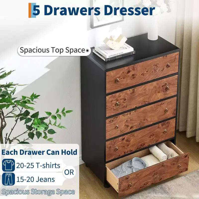 Kommode mit 5 Schubladen, 46 Zoll hohe moderne Kommode mit natürlicher Textur, geschwungenem Profil-Design, Kommoden-TV-Ständer