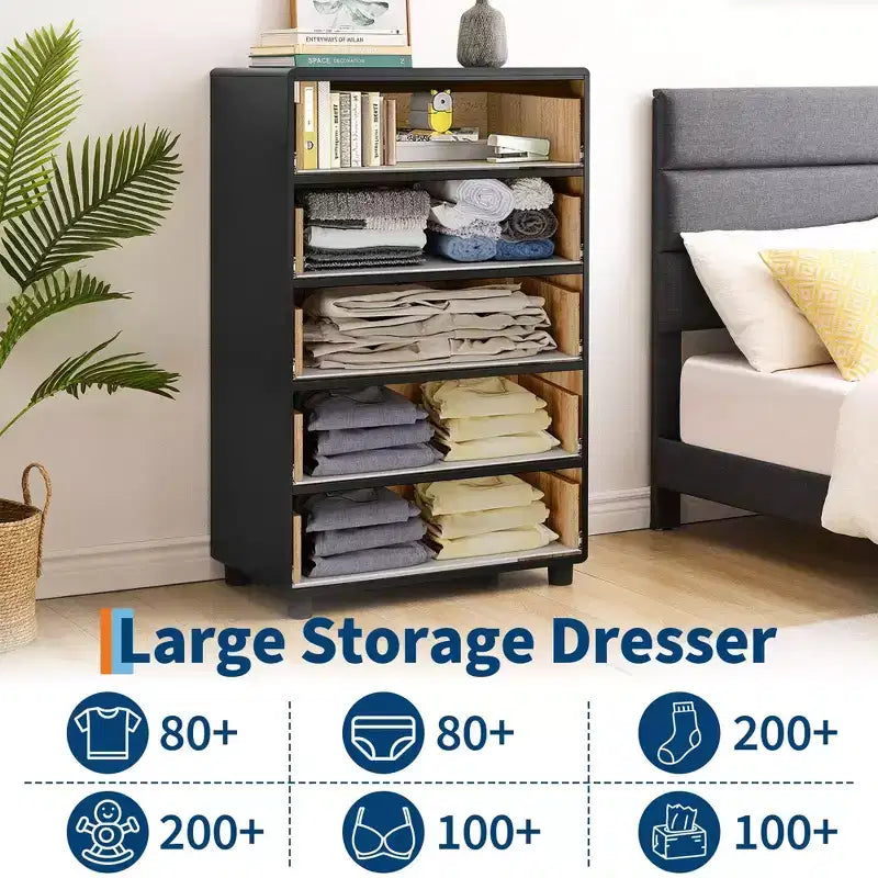 Kommode mit 5 Schubladen, 46 Zoll hohe moderne Kommode mit natürlicher Textur, geschwungenem Profil-Design, Kommoden-TV-Ständer