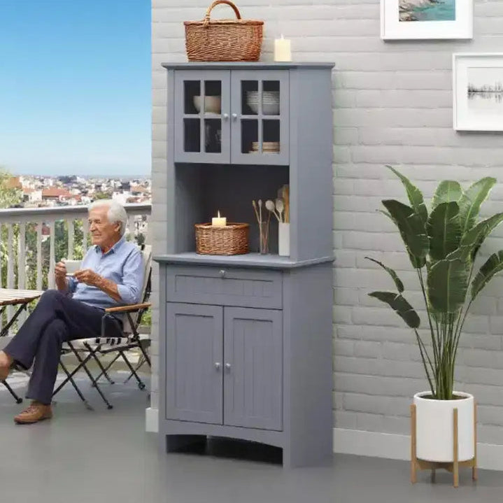 GDFStudio Duyio Modern 65 Wooden Kitchen Pantry Storage Cabinet with Glass Doors and Drawer