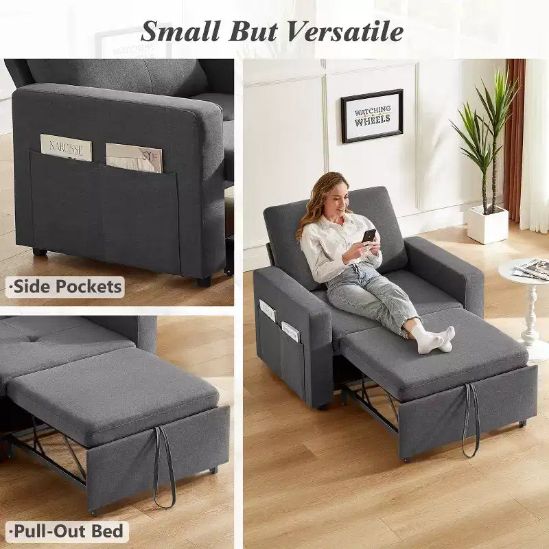 42,5 Zoll 3-in-1 Schlafsofa, wandelbarer Sessel mit ausziehbarem Bett, verstellbarer Rückenlehne, Seitentaschen