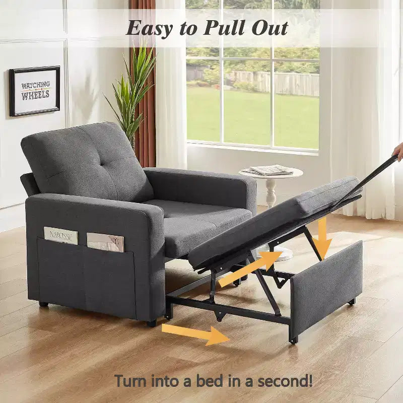 42,5 Zoll 3-in-1 Schlafsofa, wandelbarer Sessel mit ausziehbarem Bett, verstellbarer Rückenlehne, Seitentaschen