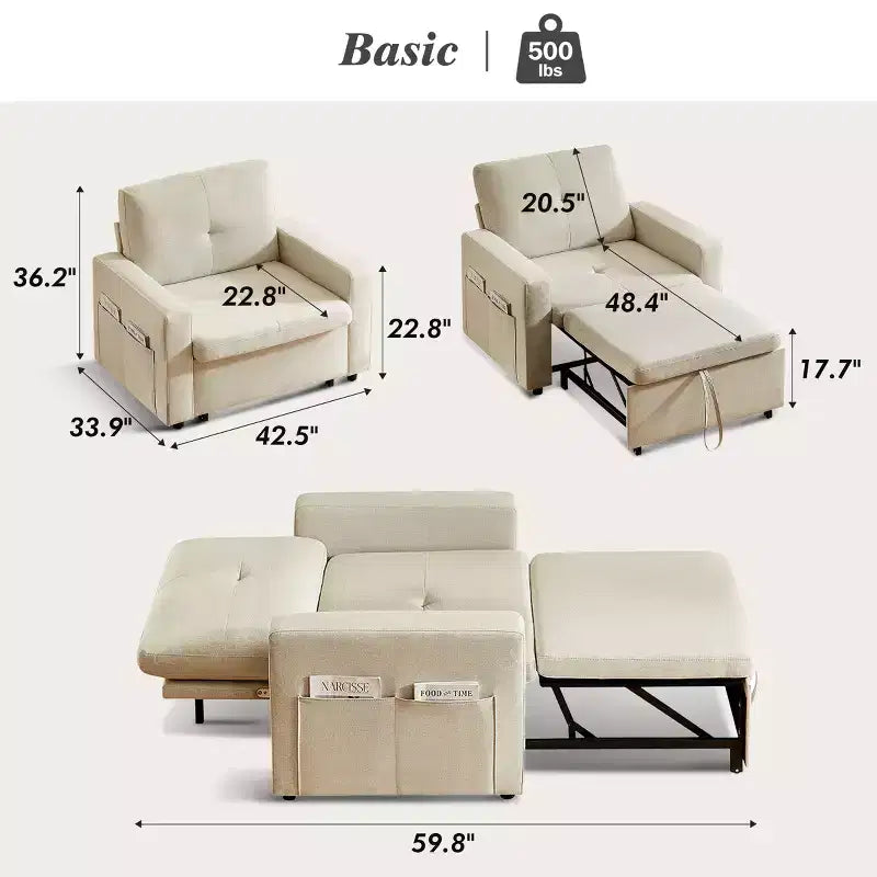 42,5 Zoll 3-in-1 Schlafsofa, wandelbarer Sessel mit ausziehbarem Bett, verstellbarer Rückenlehne, Seitentaschen