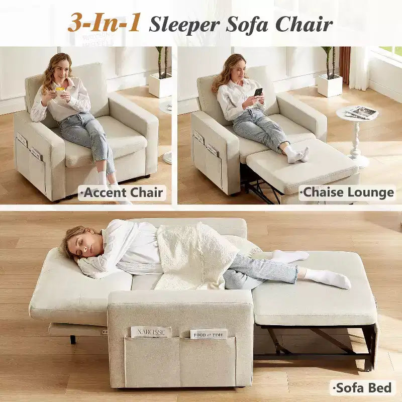 42,5 Zoll 3-in-1 Schlafsofa, wandelbarer Sessel mit ausziehbarem Bett, verstellbarer Rückenlehne, Seitentaschen