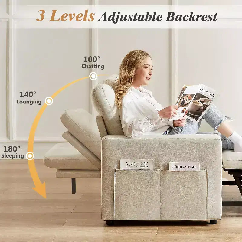 42,5 Zoll 3-in-1 Schlafsofa, wandelbarer Sessel mit ausziehbarem Bett, verstellbarer Rückenlehne, Seitentaschen