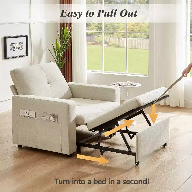 42,5 Zoll 3-in-1 Schlafsofa, wandelbarer Sessel mit ausziehbarem Bett, verstellbarer Rückenlehne, Seitentaschen